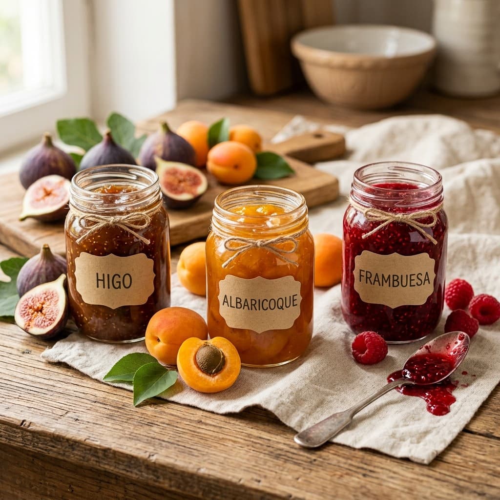 Tarros de mermelada artesana de higo, albaricoque y frambuesa con fruta fresca